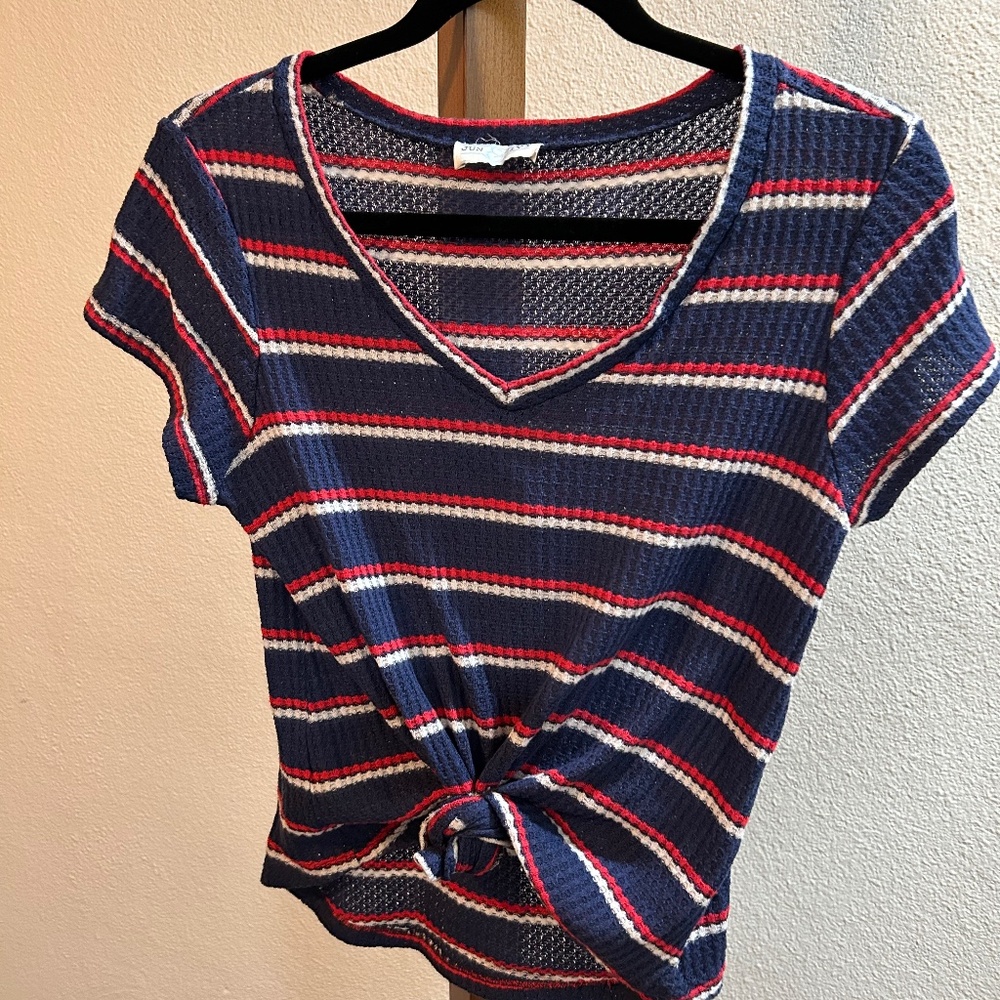Red white & blue V-neck striped tee